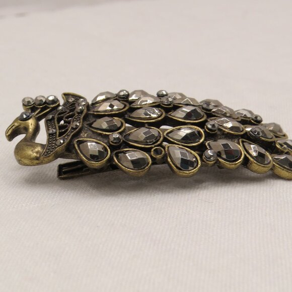 Vintage Peacock Hair Clip/Brooch Pin Teardrop Rhinestones -missing 2 tiny stones - Picture 6 of 9